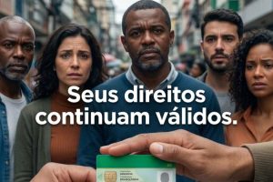 Pessoas preocupadas na rua recebendo cartão de plano de saúde, ilustrando que os direitos dos beneficiários continuam válidos durante a crise da Unimed Ferj